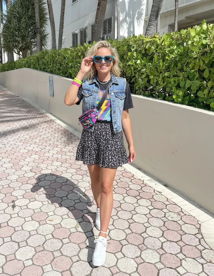 Woman wearing acid wash denim vest and band tee for 80s party