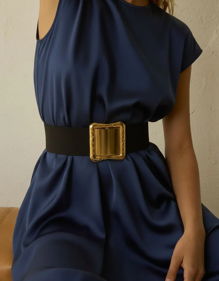 Wide elastic belt with large gold buckle on satin dress