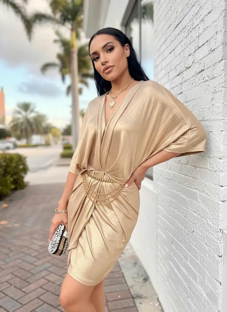 Woman wearing gold metallic mini dress on cruise deck night party