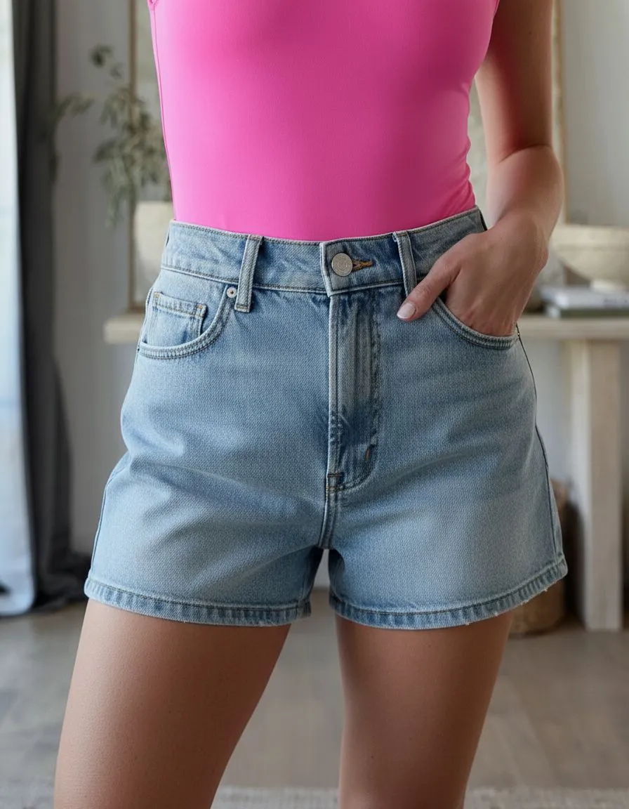 Detail shot of high waisted denim shorts with neon pink bodysuit