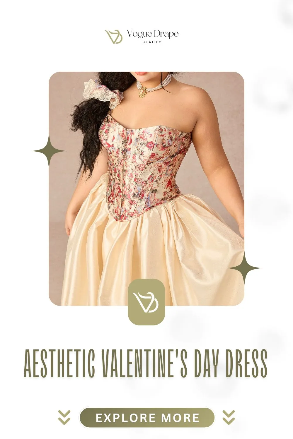 Model wearing a blush pink satin aesthetic Valentine's Day dress with ruffles and bows, styled with velvet ribbons and pearl accessories.