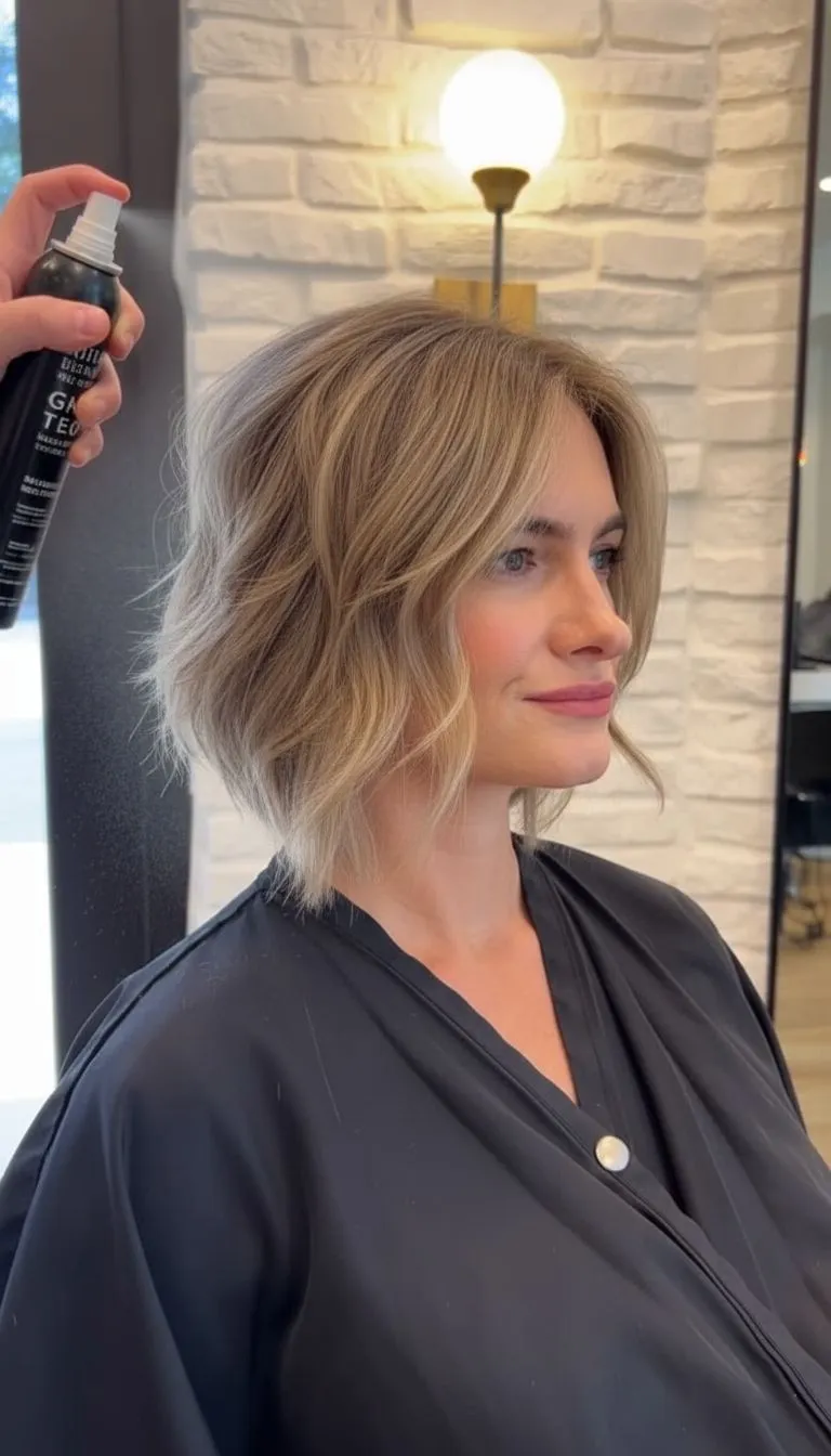 Woman applying texturizing spray to voluminous choppy bob