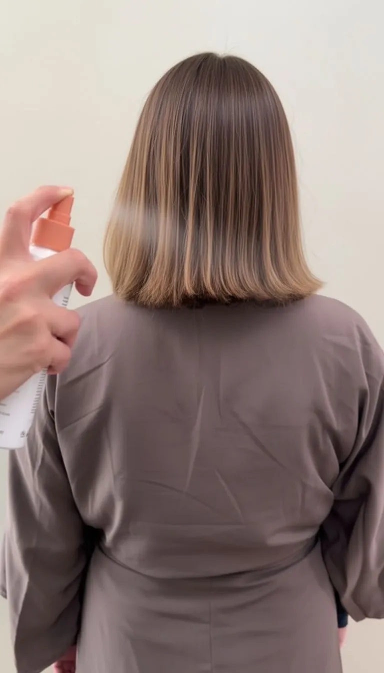 Spraying sea salt texturizing mist onto mid-lengths of brunette bob hairstyle