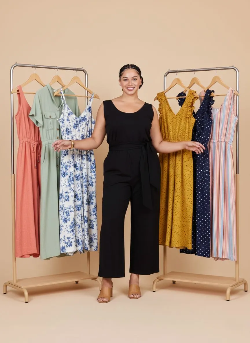 Assorted professional jumpsuits in linen and crepe fabrics