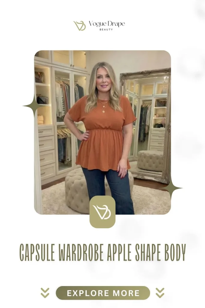 Trendy plus size woman wearing a flowy top and blazer illustrating a casual capsule wardrobe for plus size apple shape body.