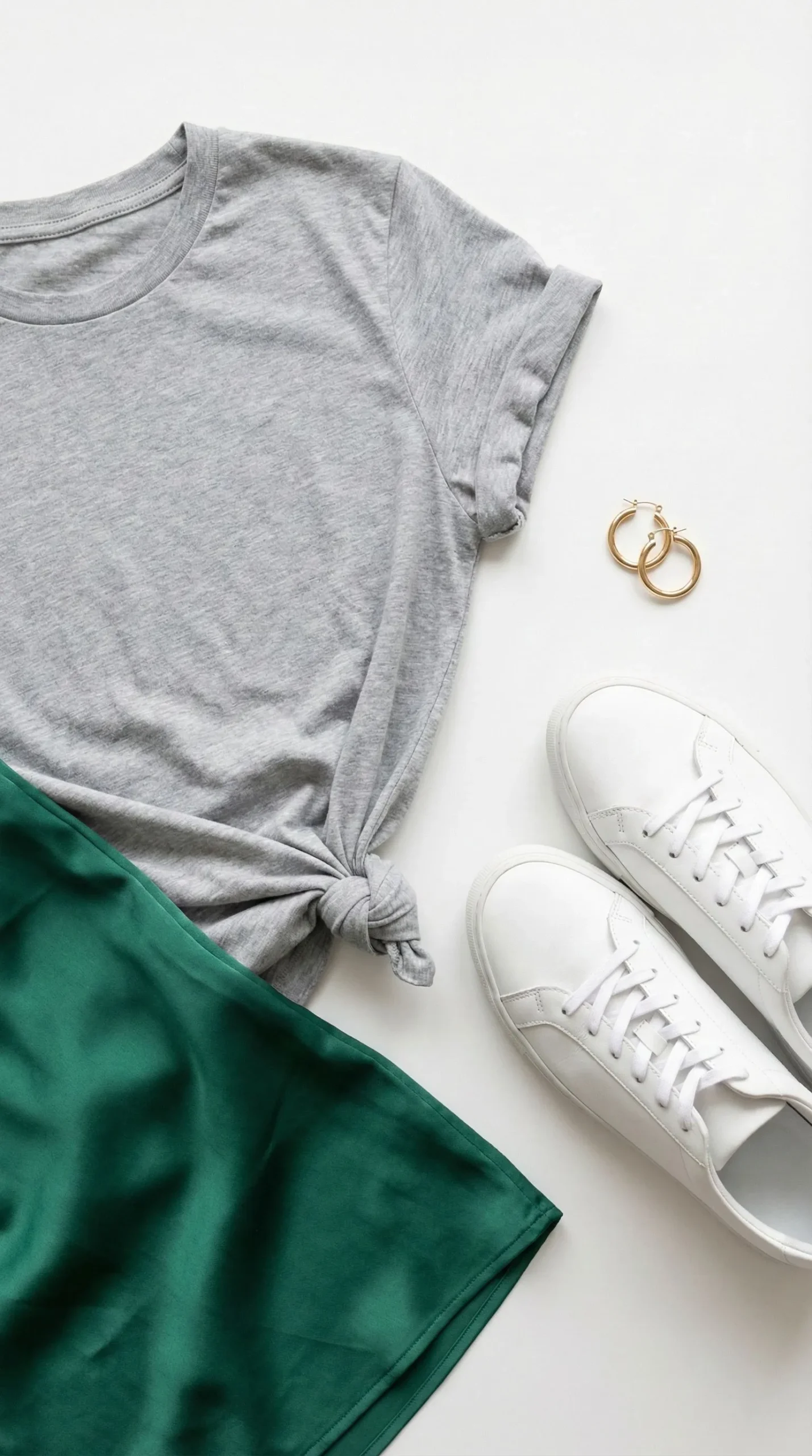 Flat lay of grey tee emerald satin skirt fabric and white sneakers