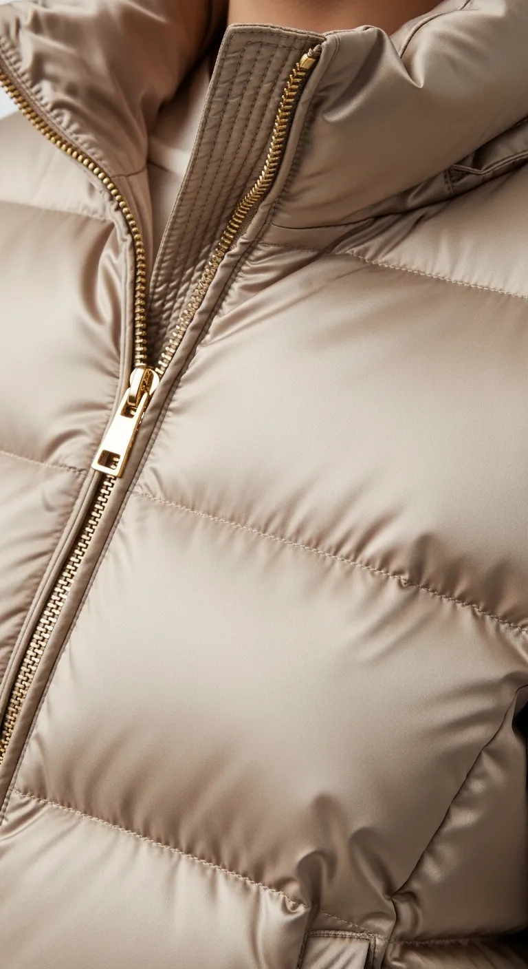 Close up texture of luxe satin down jacket with gold hardware