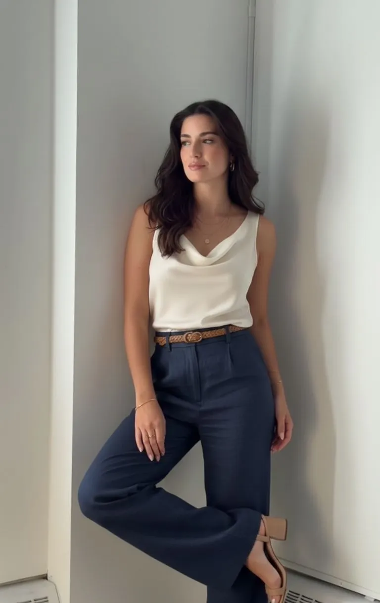 A woman modeling an elevated silk shell top and high-waisted trousers for a summer office look.