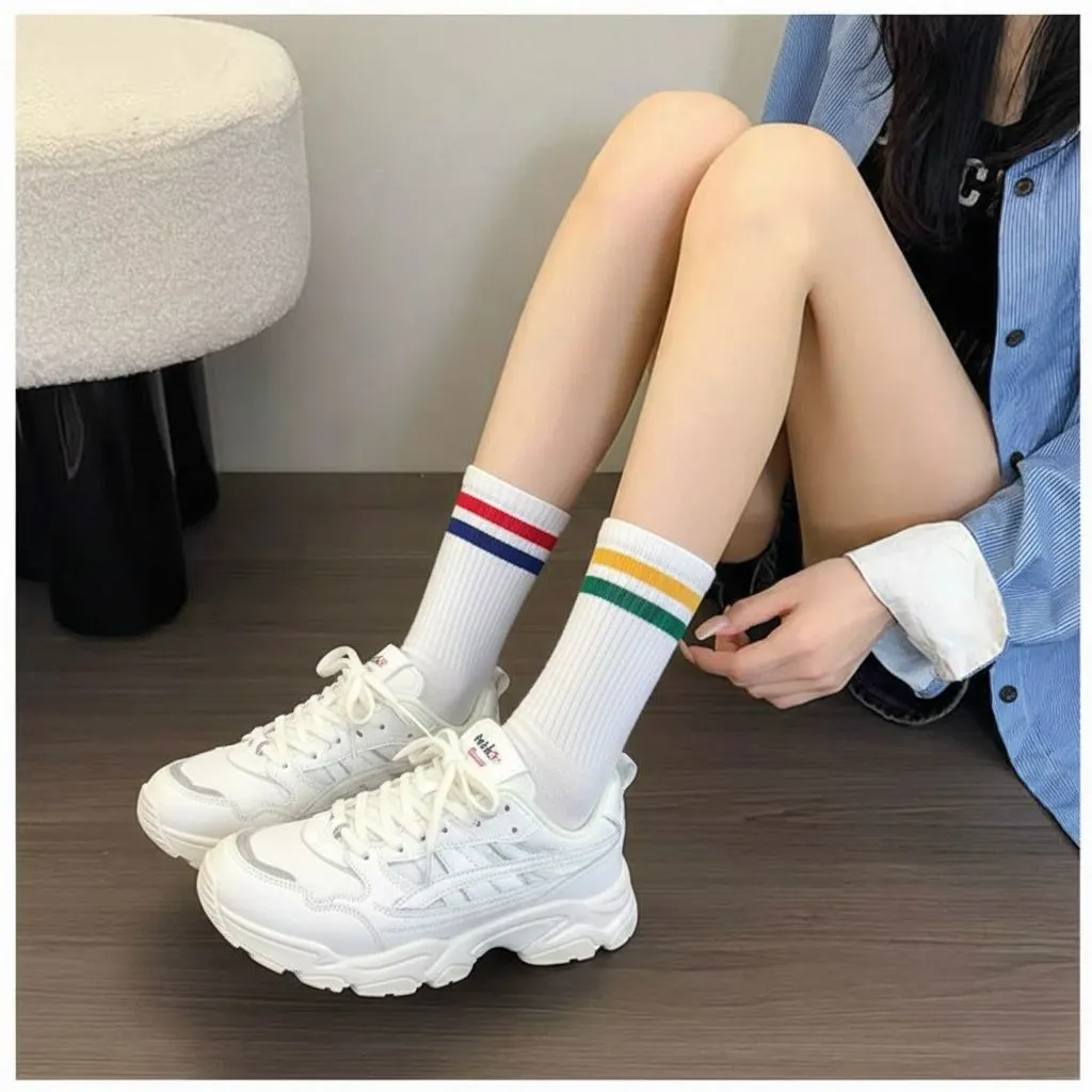 White chunky dad sneakers with white tube socks styling for 80s party