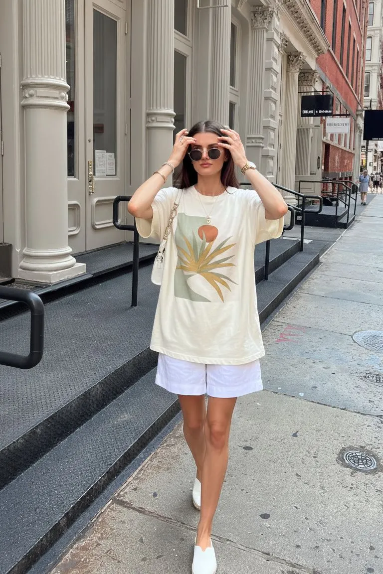 Woman wearing oversized graphic shirt and white shorts for summer travel --no text, no words, no letters, no signboards, no logos