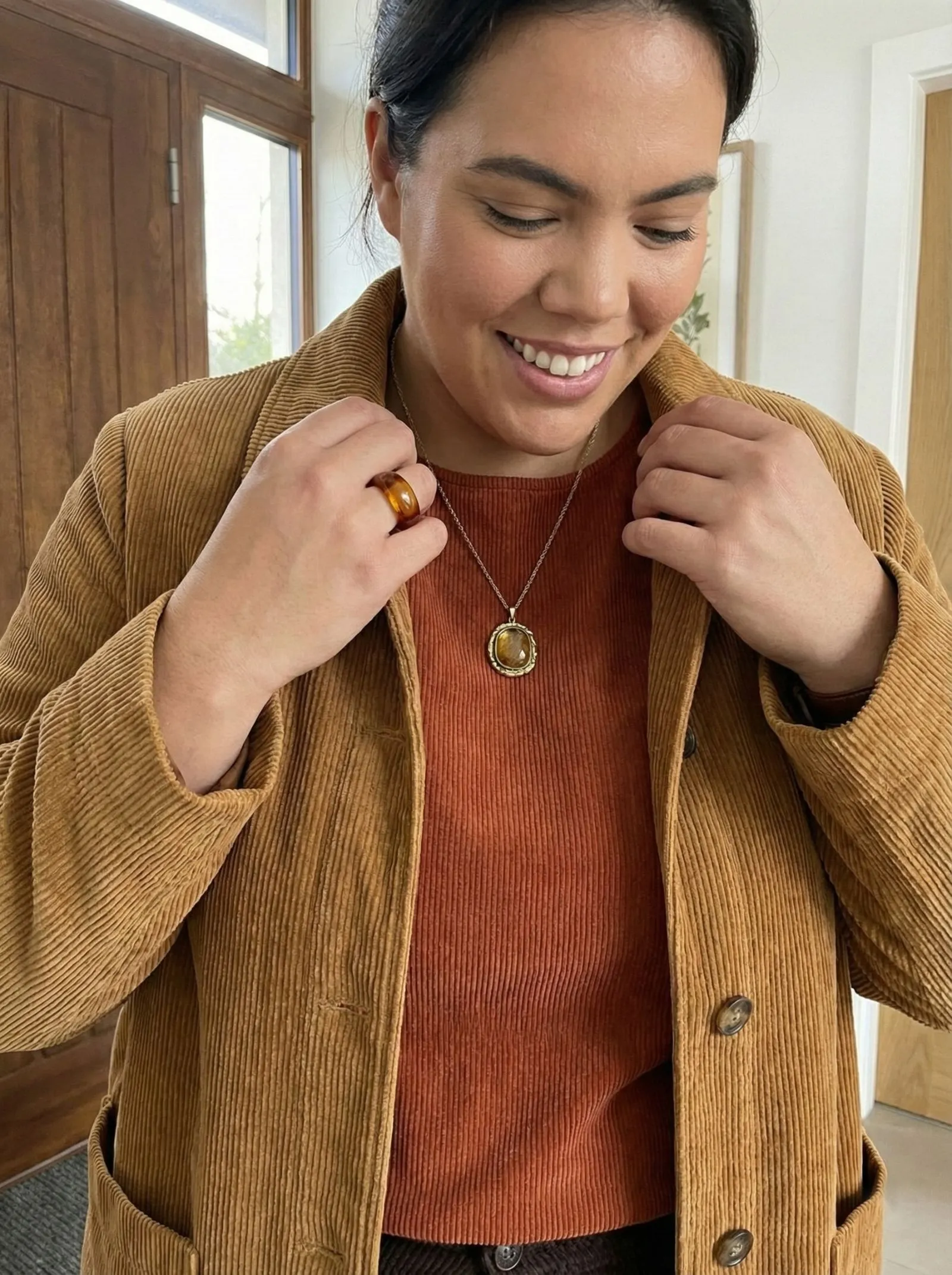 Close up view of fine and wide wale corduroy fabric textures.
