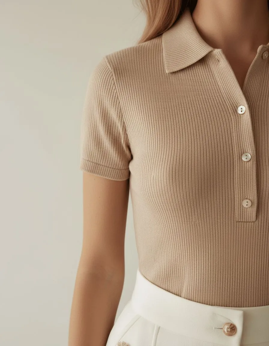 Detail shot of a cream silk knit polo shirt for professional summer attire.