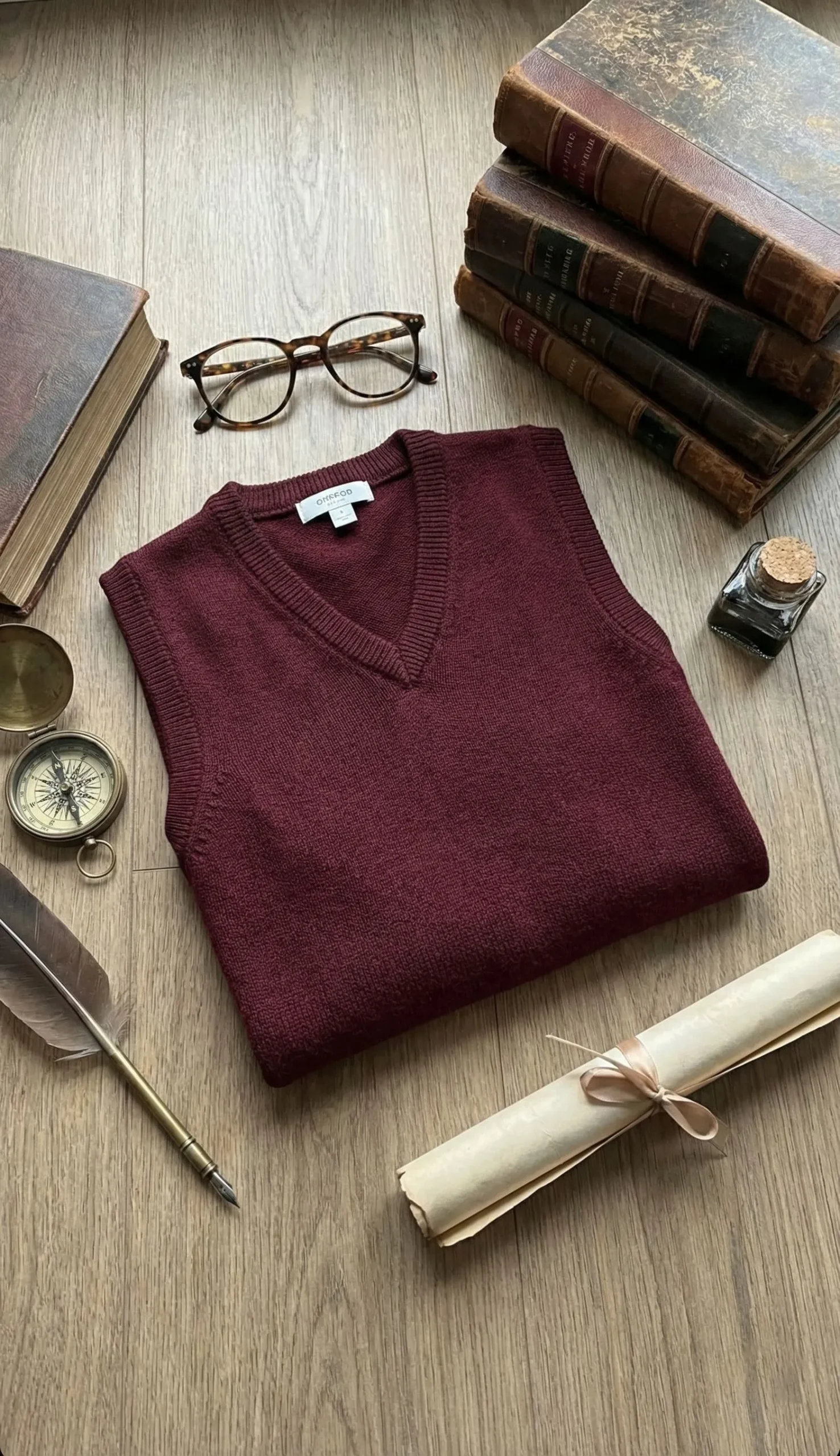 Flat lay of a burgundy vest with vintage academic accessories.
