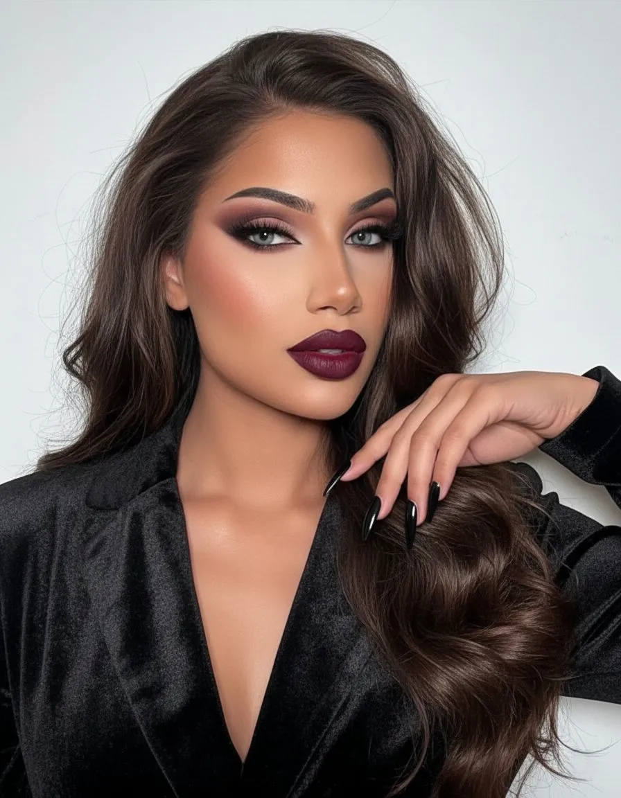 Woman with dark skin wearing bold burgundy lipstick and stiletto nails paired with black velvet