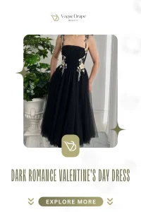 Model wearing a black velvet and tulle corset dress styled for Dark Romance Valentine's Day Dress Outfits.