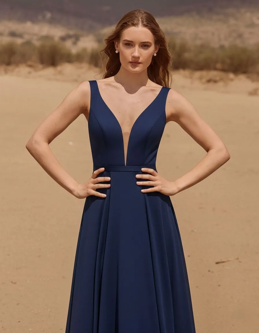 A bridesmaid in a navy blue V-neck dress designed for broad shoulders