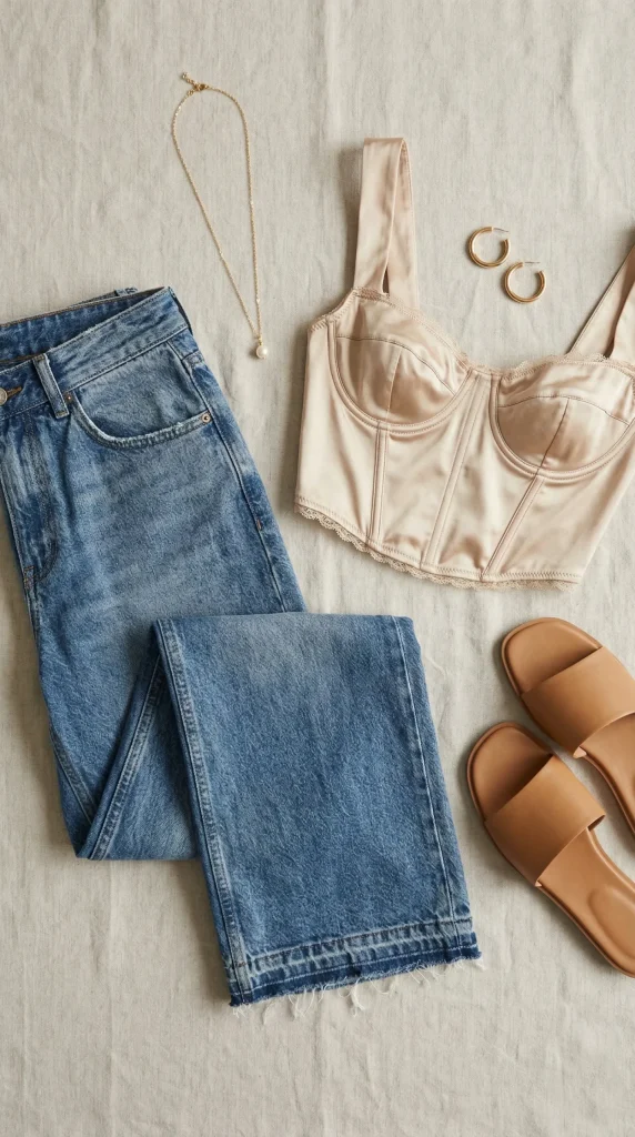 Flat lay of blue denim jeans and a satin corset top