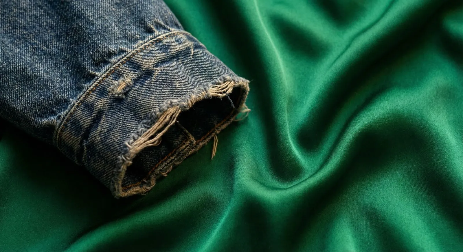 Close up of blue denim jacket texture against green silk skirt