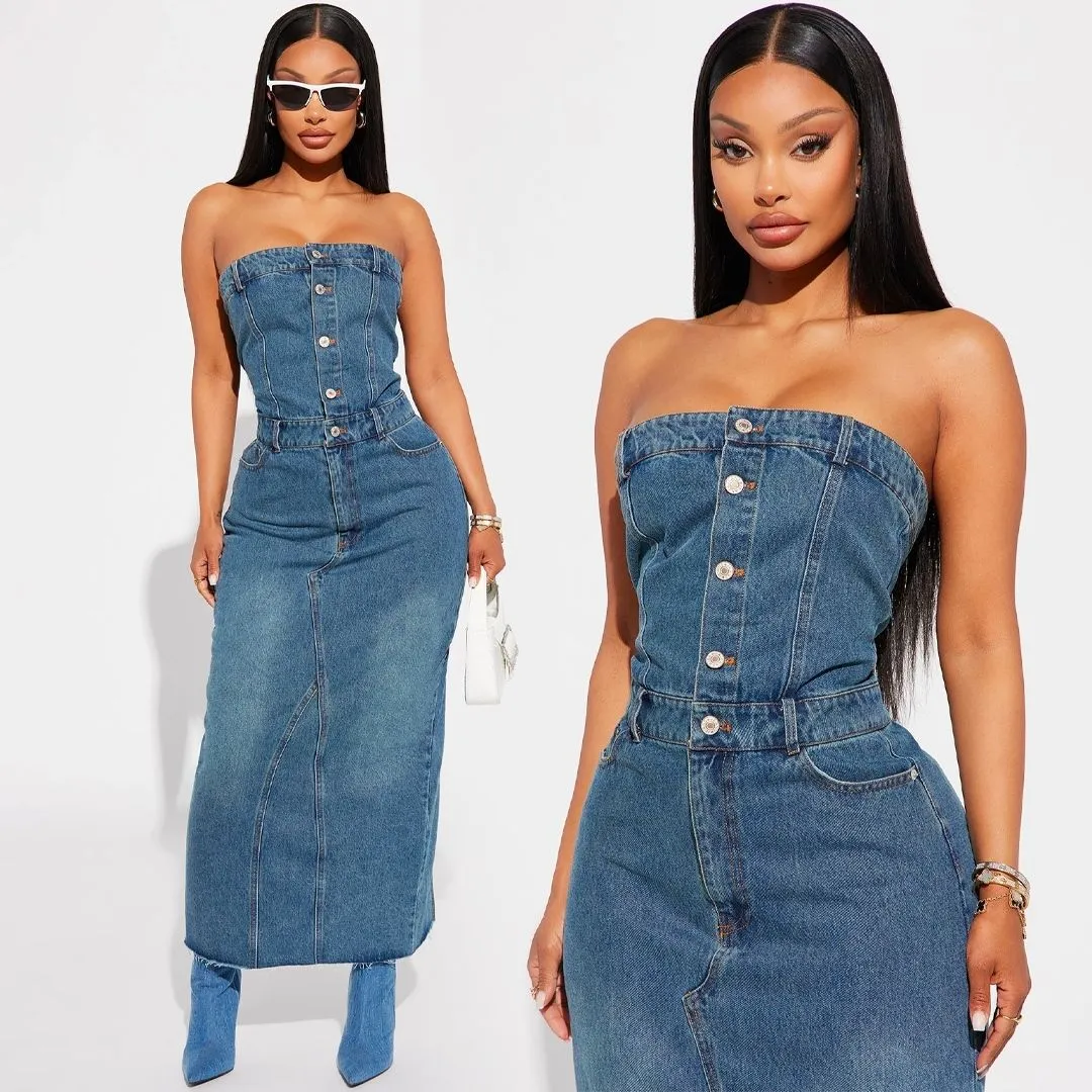 Woman wearing a rugged indigo denim off-the-shoulder mini dress with western boots