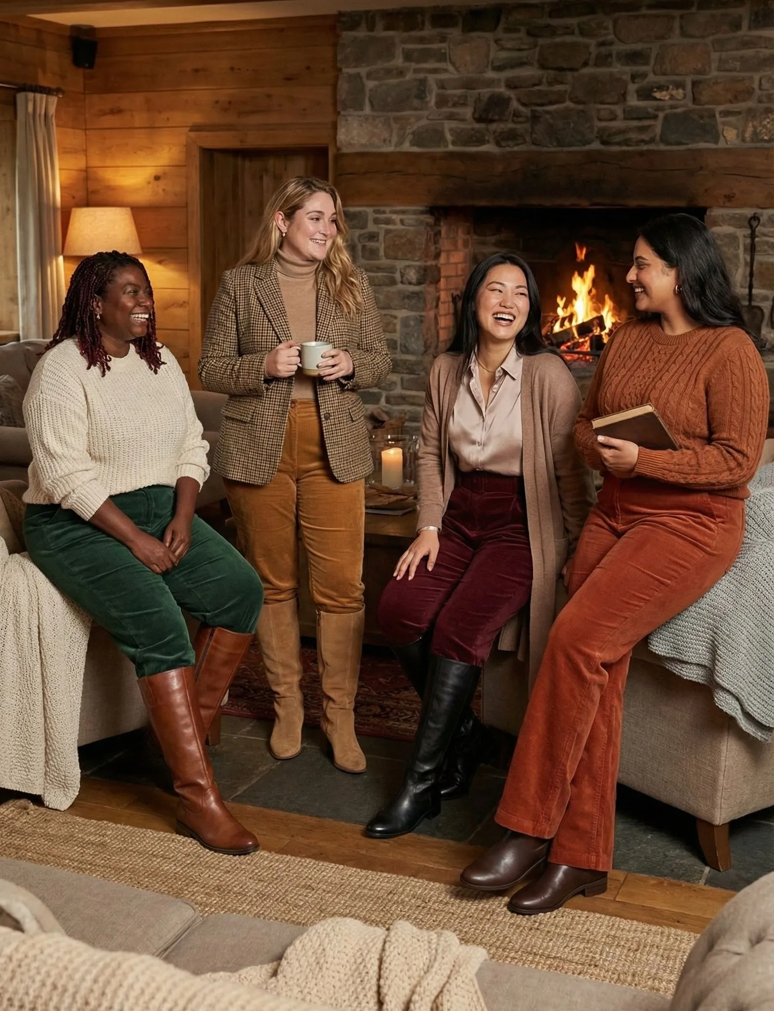 Diverse group of plus size women in tailored corduroy trousers.