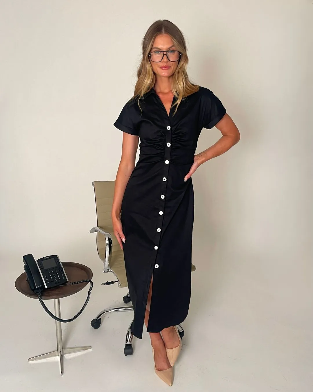 Three women of different body types wearing professional midi shirtdresses