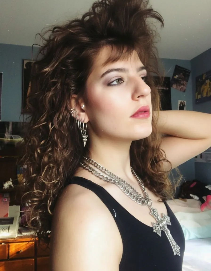 Model with teased hair and heavy silver jewelry