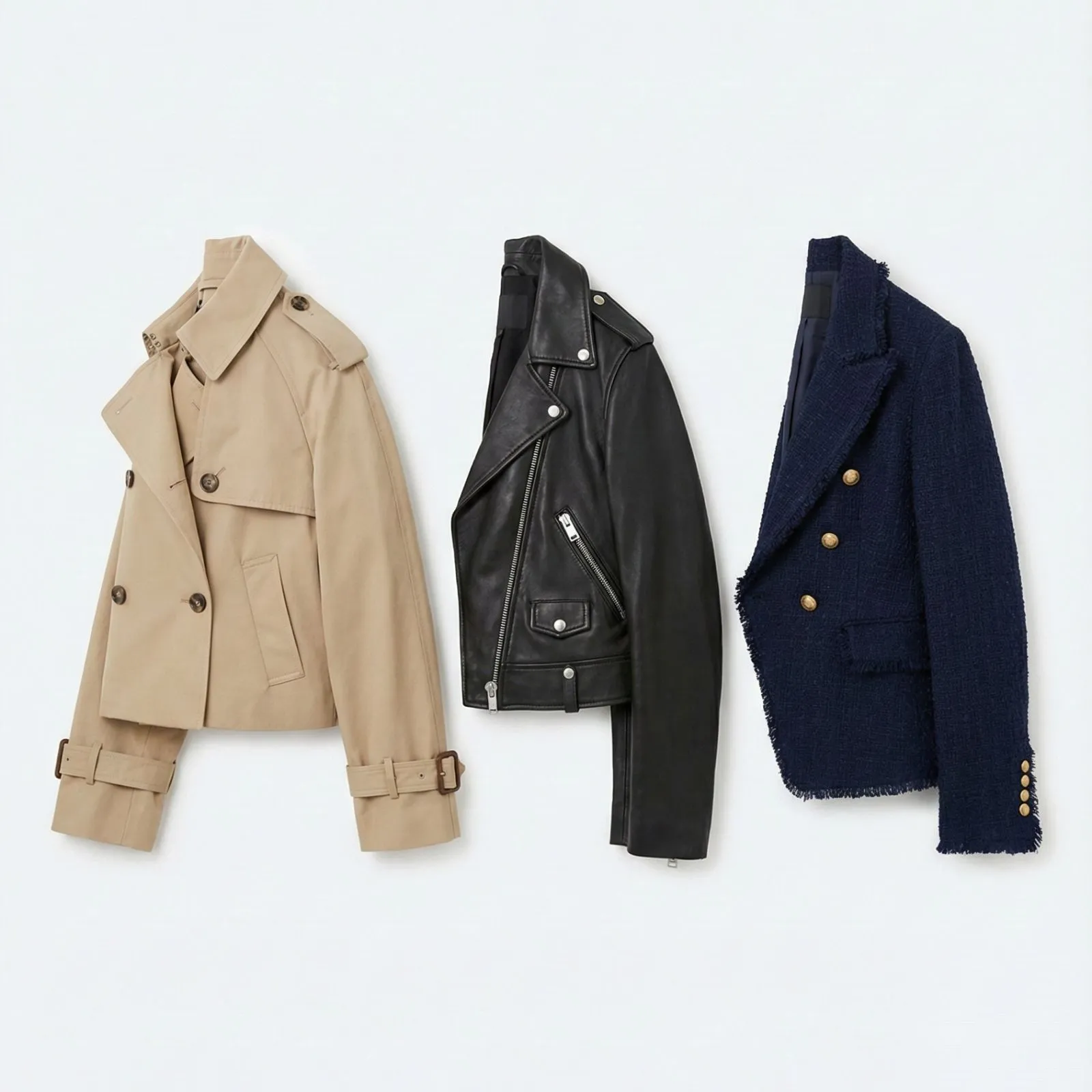 Flat lay of cropped trench, leather jacket, and tweed blazer
