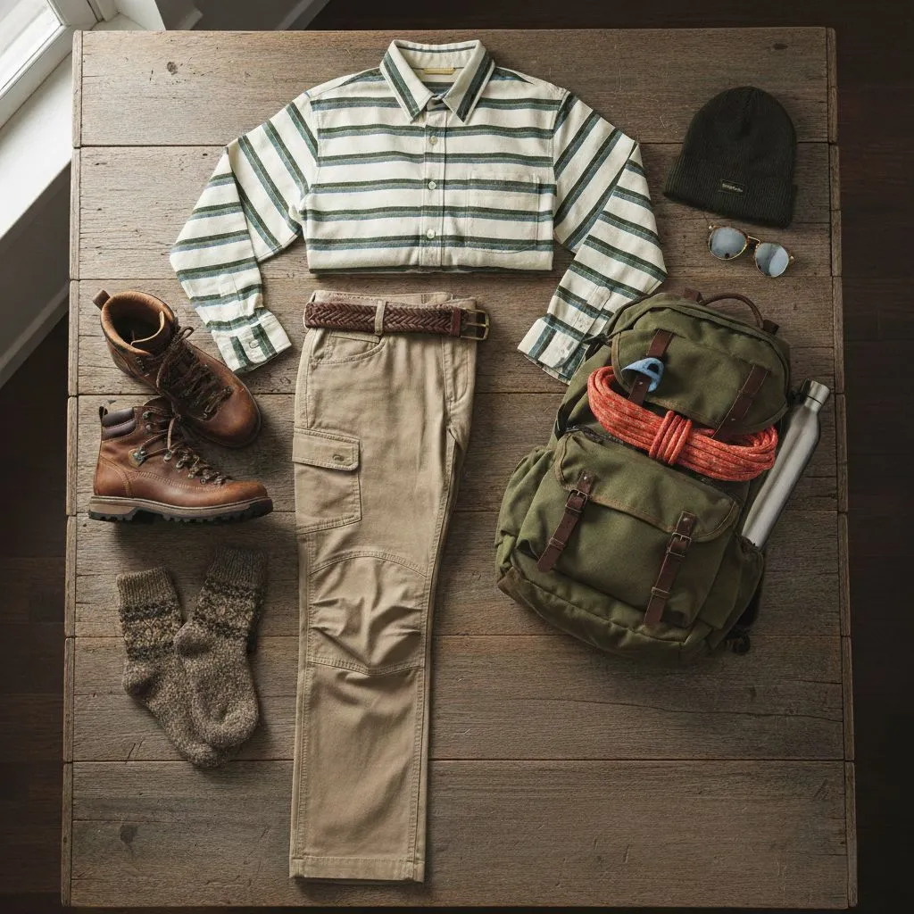 Flat lay of beige hiking trousers striped cotton shirt and accessories