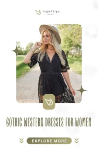 Woman wearing a black lace prairie dress and western hat standing in a desert, representing gothic western fashion.