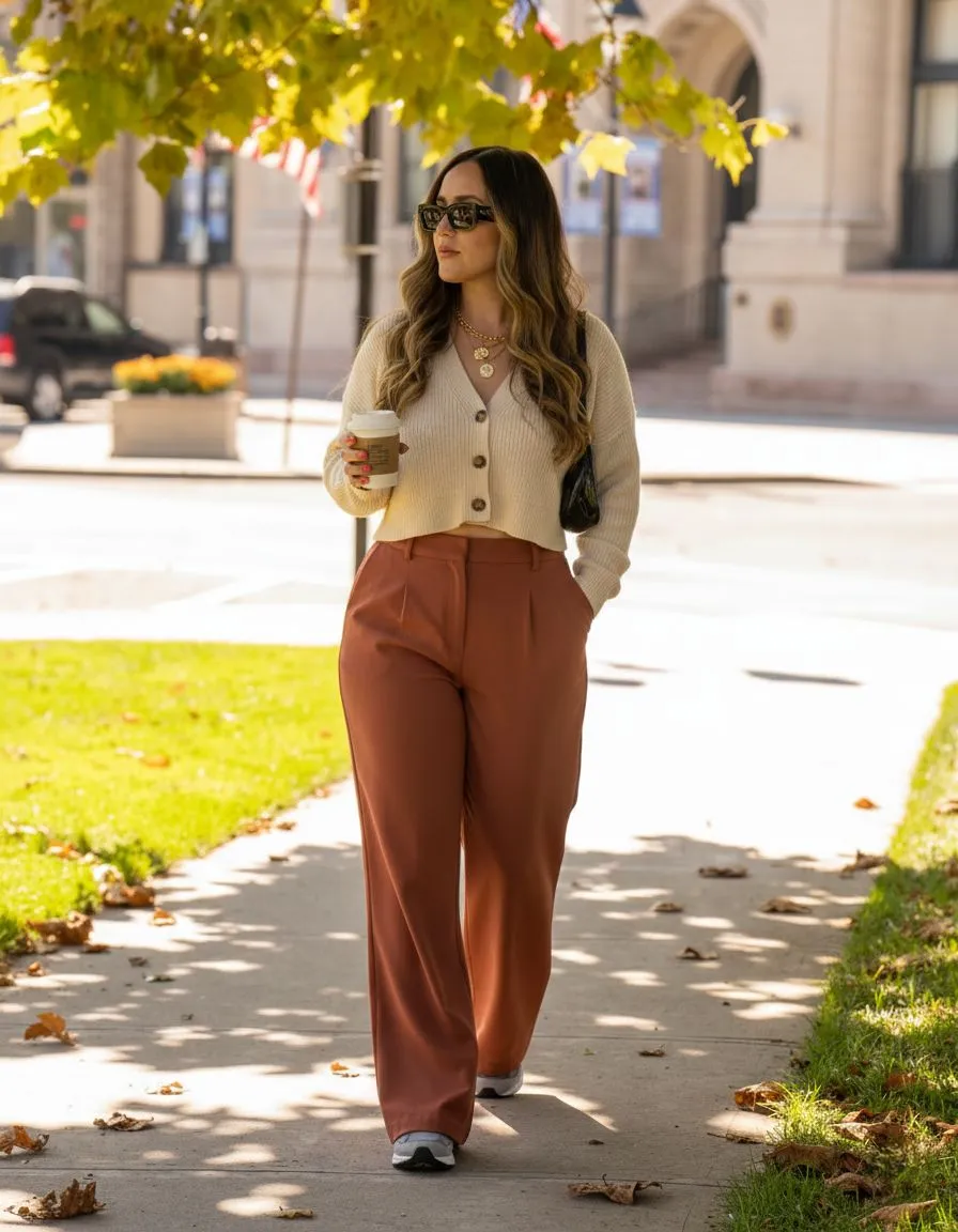 Petite curvy woman wearing high-waisted terracotta trousers and cream cropped cardigan styling