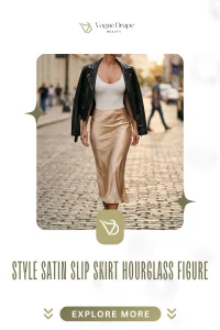 Stylish woman with hourglass figure wearing champagne satin slip skirt and white bodysuit walking on city street.