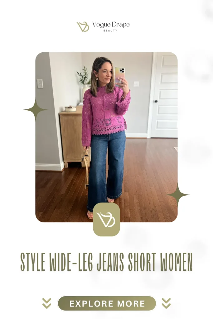 Petite woman wearing high-waisted wide-leg jeans and a fitted black top styling look without heels for a lengthening effect.