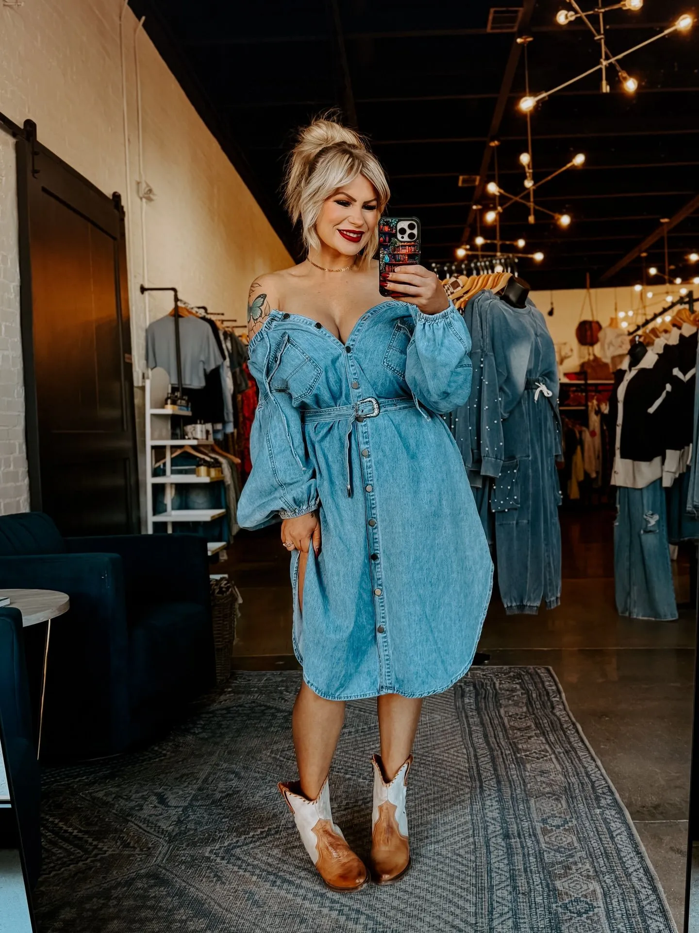 Women of various body types in off-the-shoulder dresses