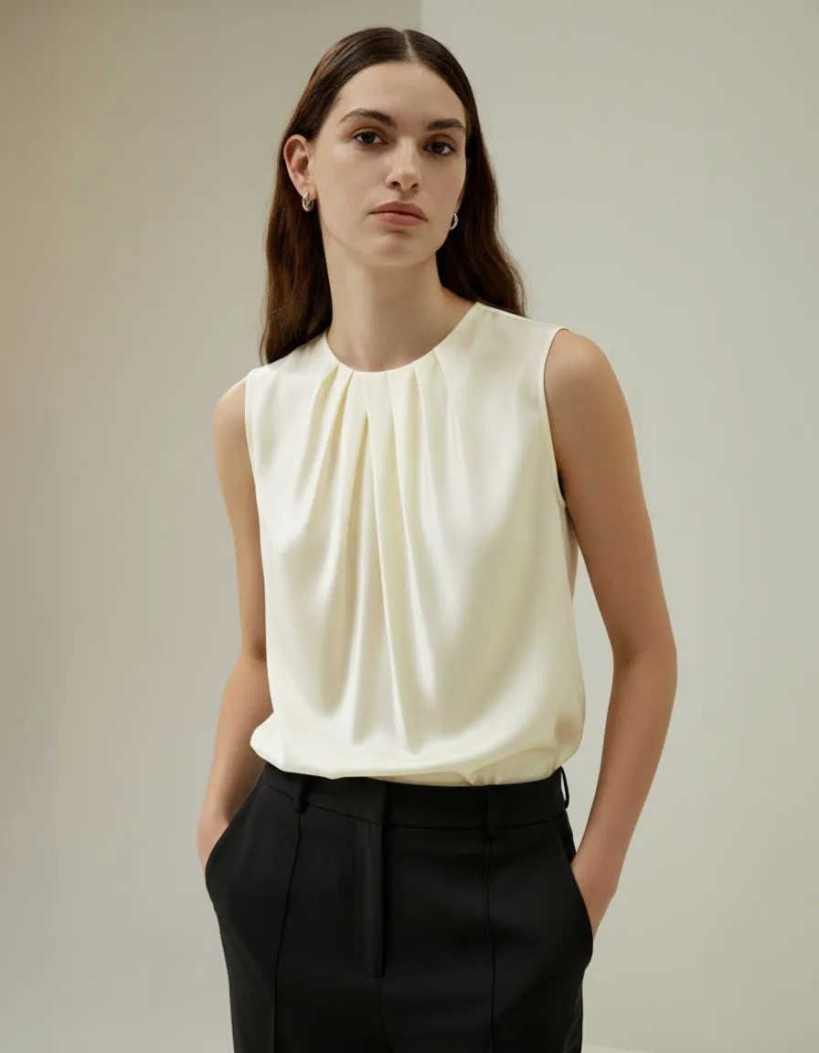 Two women with different body shapes wearing professional silk shells and trousers.