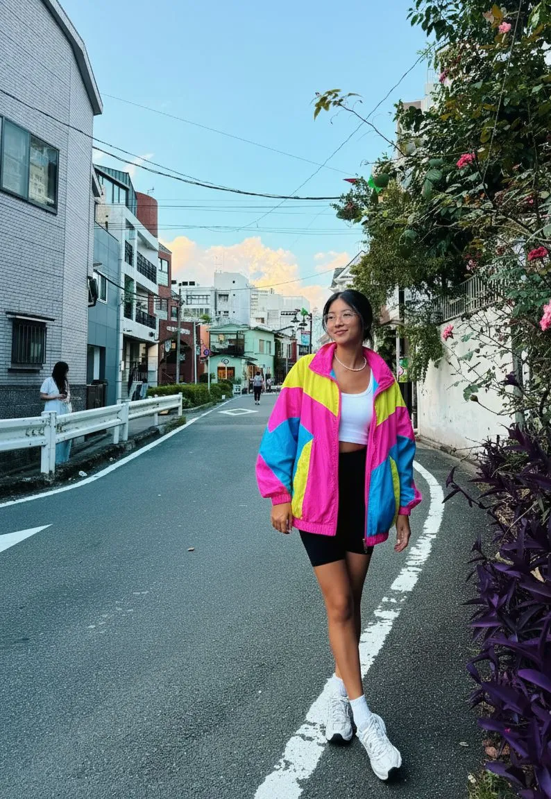 Woman wearing a bright color-blocked windbreaker and biker shorts for a city pop summer look