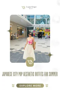 Woman in 80s inspired cobalt blazer and high-waisted pants for Japanese City Pop aesthetic travel photos.