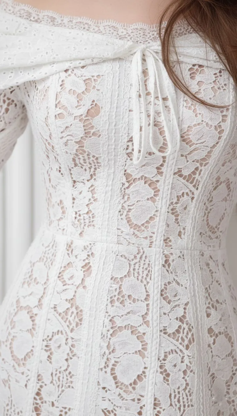 Close up of intricate white floral lace and cotton tiers