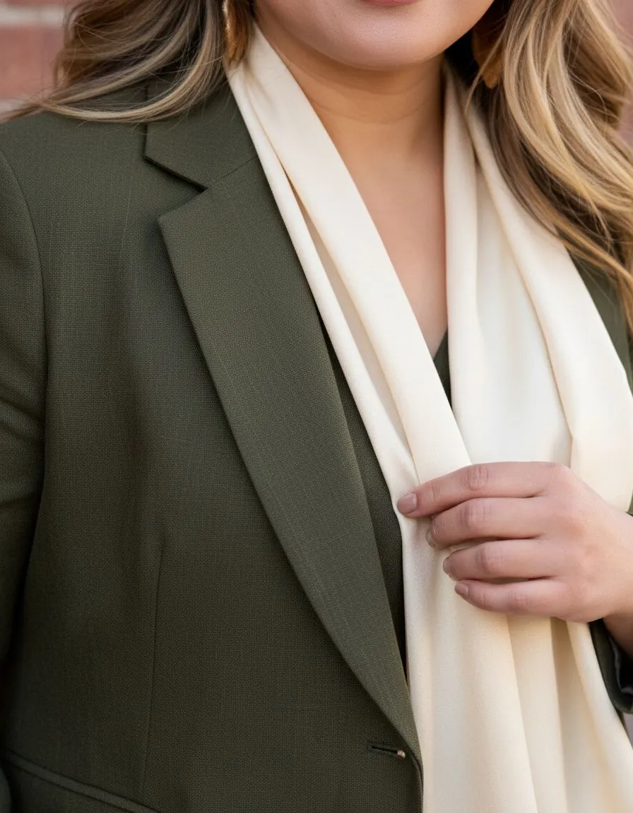 Close up of sage green linen blazer fabric texture next to silk material