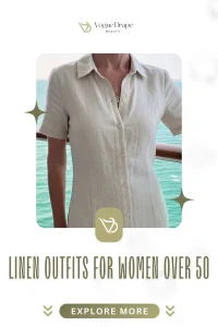 A stylish woman over 50 wearing a belted linen midi dress on a luxury cruise deck.
