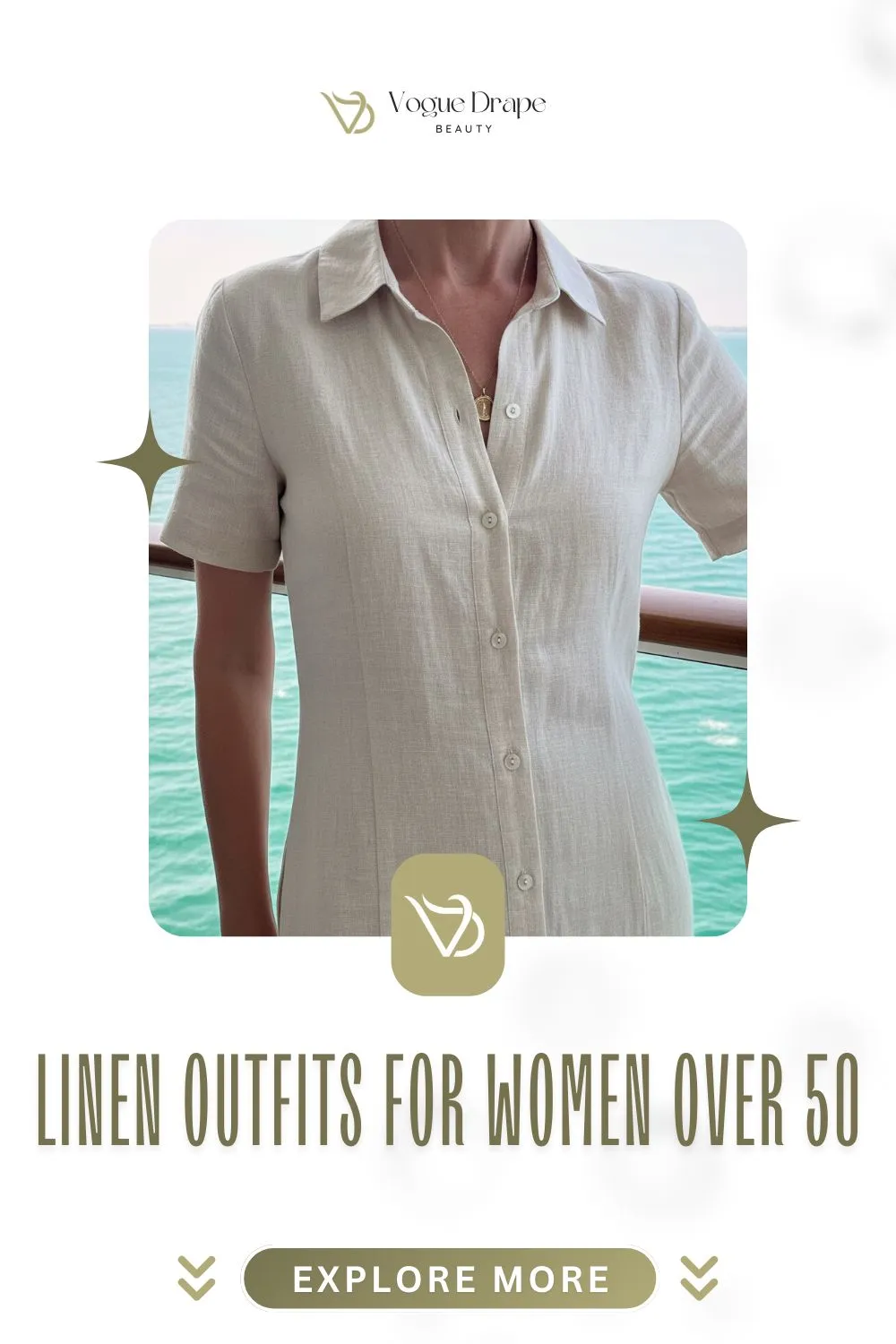 A stylish woman over 50 wearing a belted linen midi dress on a luxury cruise deck.
