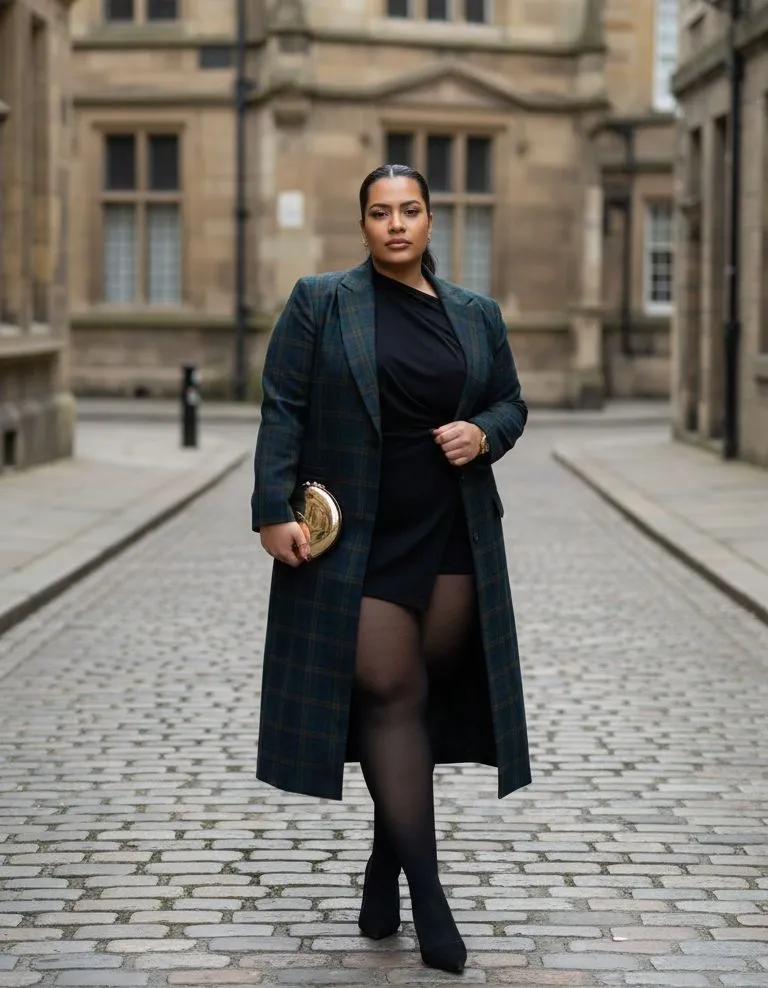 Plus size woman in a longline plaid blazer on a cobblestone street
