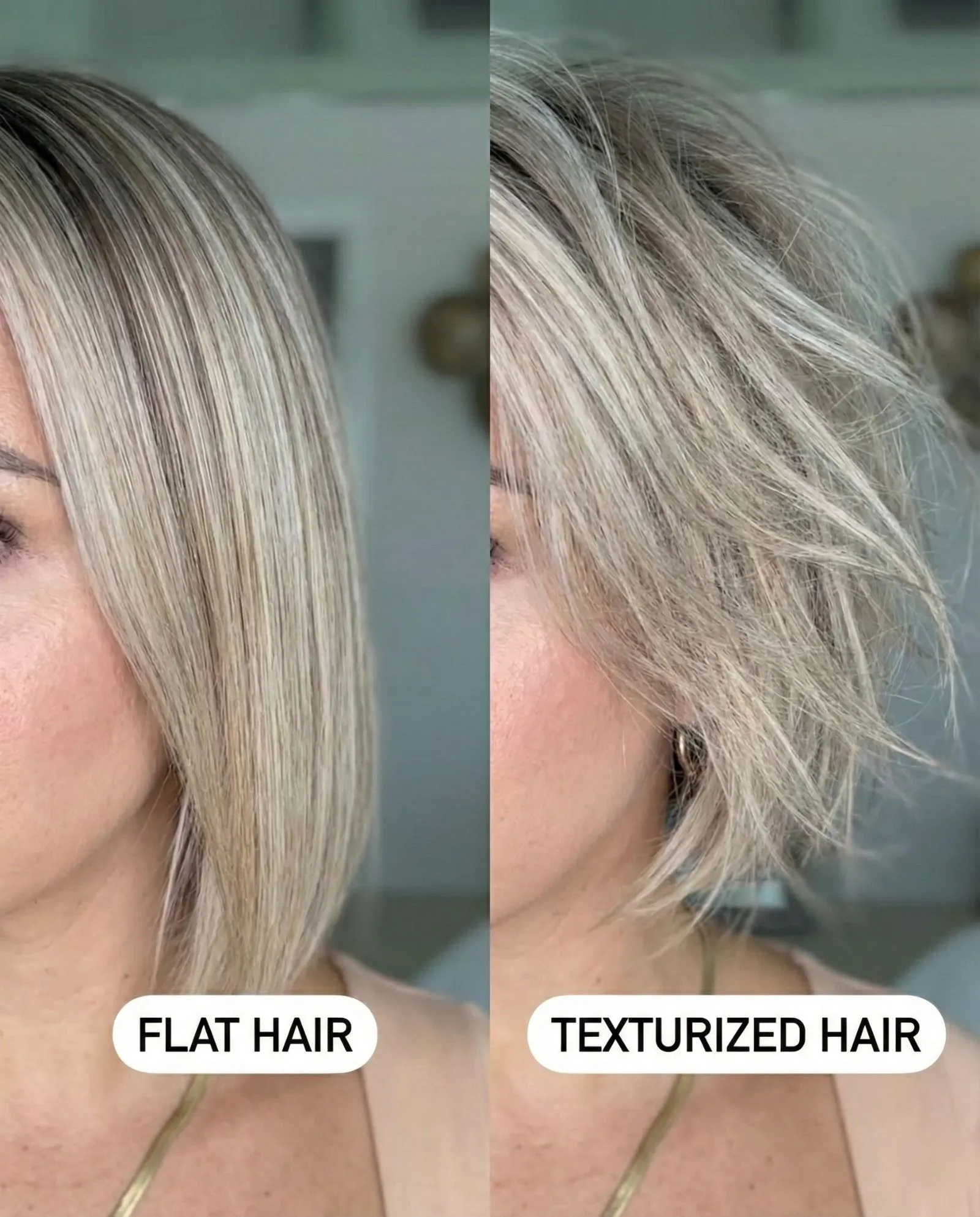 Close up comparison of flat hair versus texturized hair strands