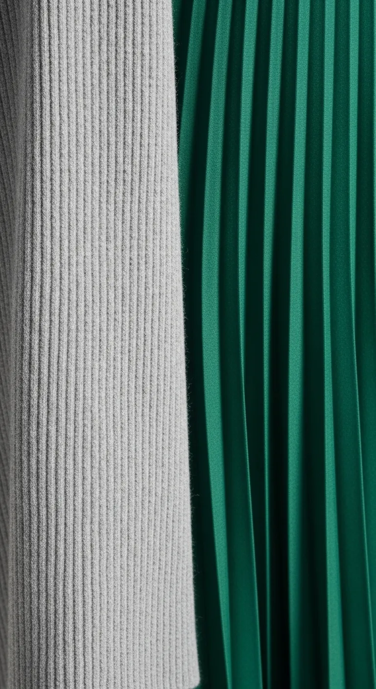 Close up texture of grey merino wool paired with emerald pleated skirt