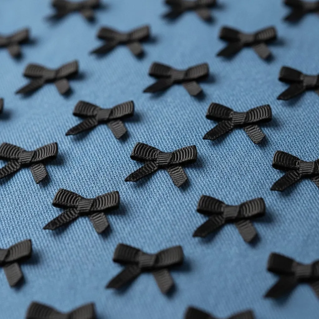 Macro photography of black micro bows on a blue fashion garment