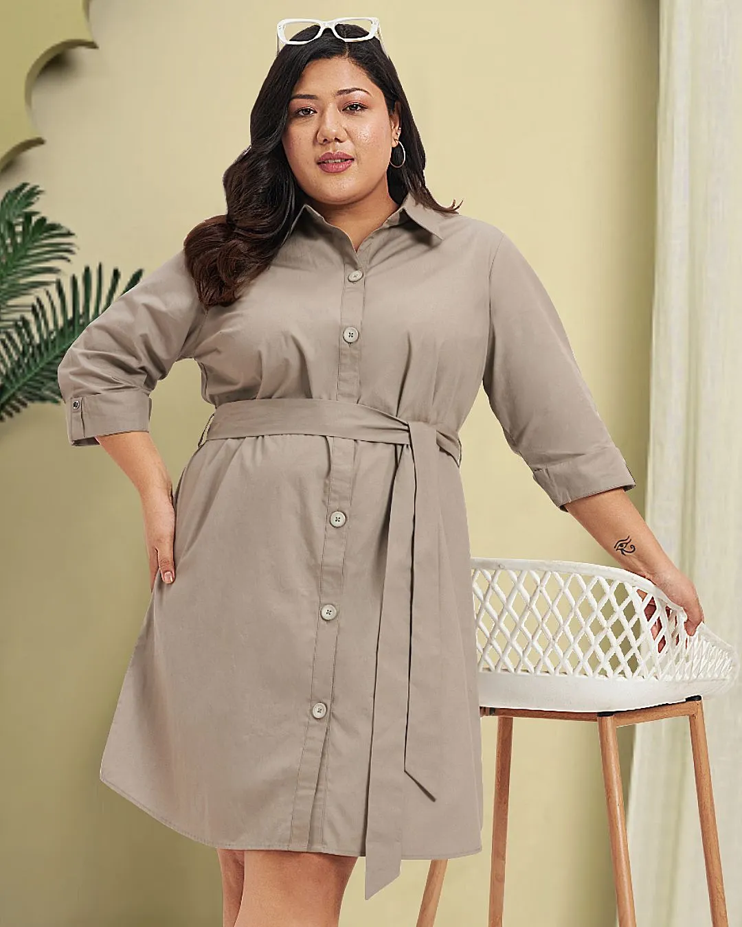 Professional beige cotton shirtdress for summer workwear