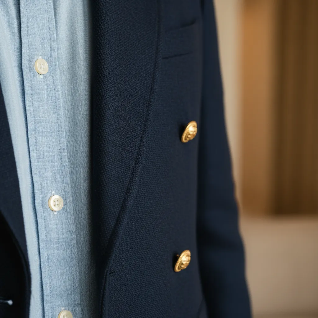 Close up of navy wool blazer texture against soft blue chambray shirt dress fabric