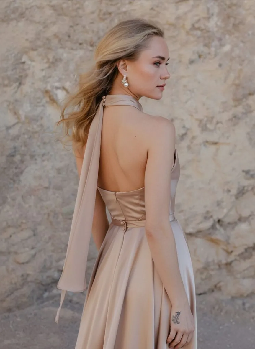Bridesmaid in a nude satin high neck halter dress providing bust support.