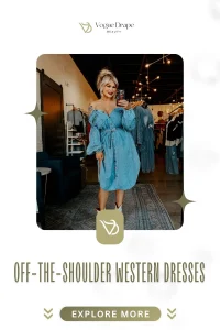 A woman in a floral off-the-shoulder Western dress and felt hat posing in a desert setting at sunset.