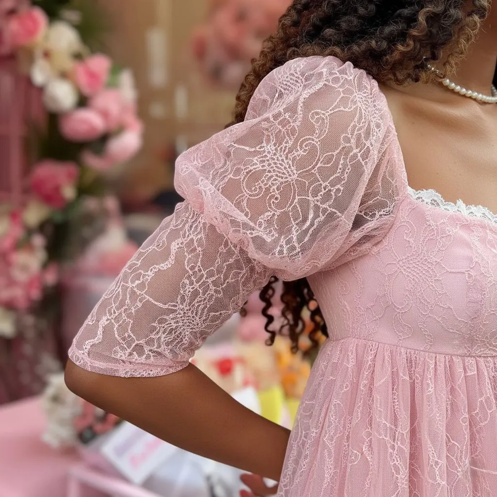 Close up of sheer organza puff sleeves with voluminous structure