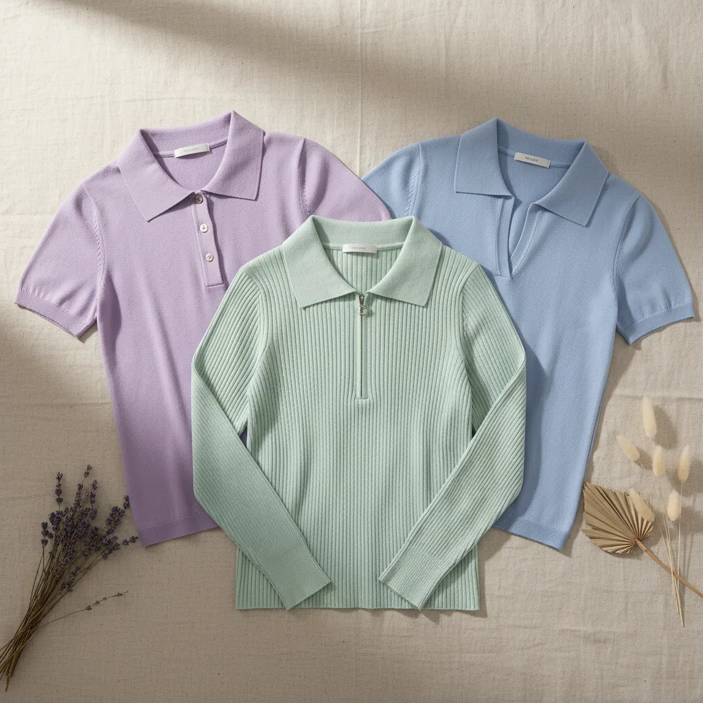 Collection of pastel colored knit polo shirts for a summer professional wardrobe.